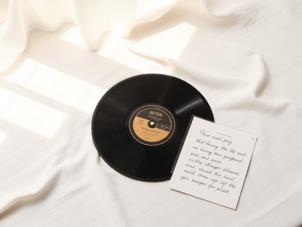 Vinyle et paroles manuscrites sur textile ivoire